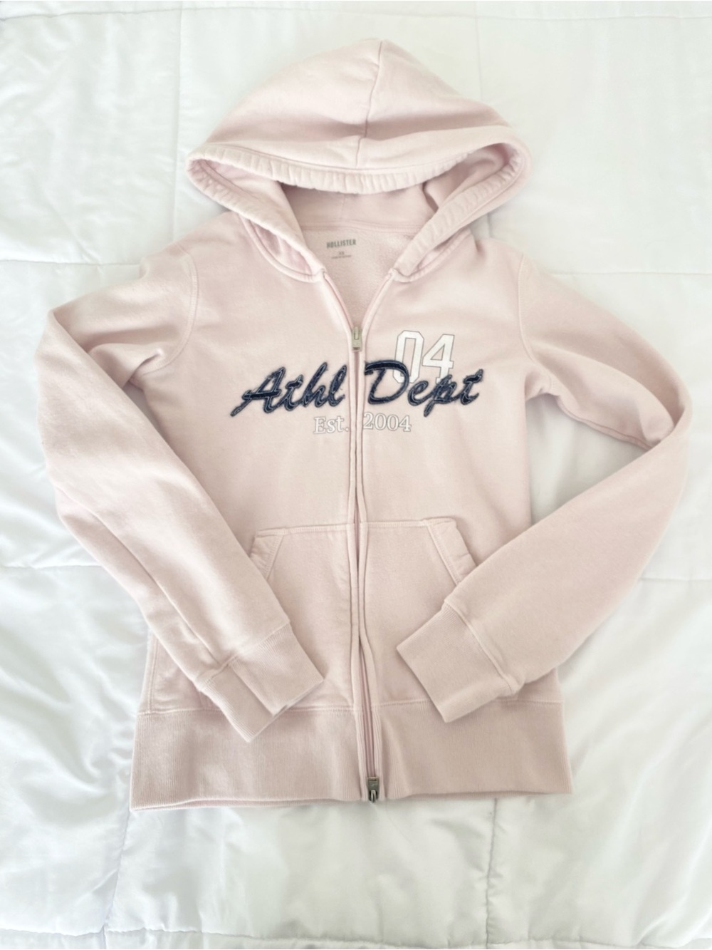 Hollister Pale Pink Full-Zip Hoodie with Navy Embroidered 'Athl Dept'